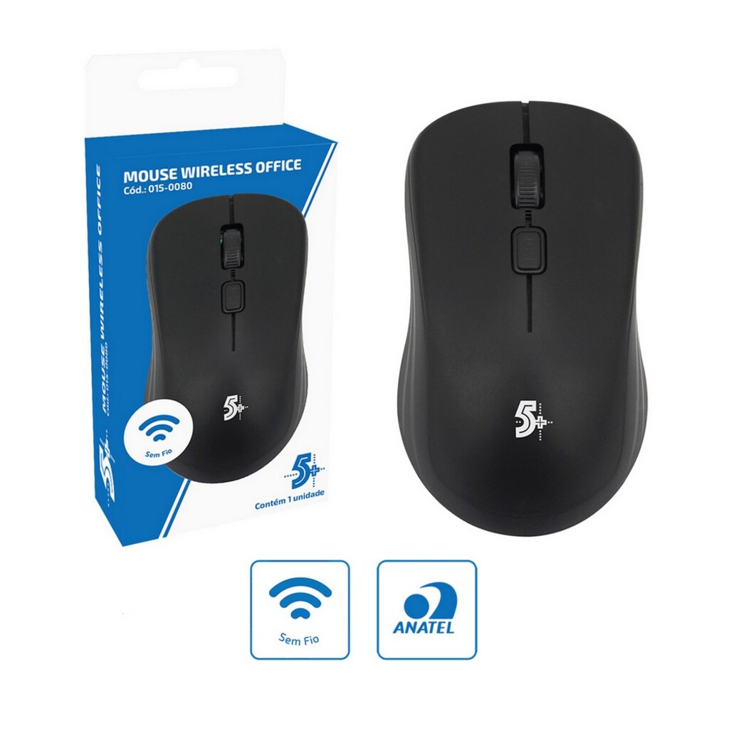 Mouse Sem Fio 5+ Office 1000dpi Preto - 015-0080